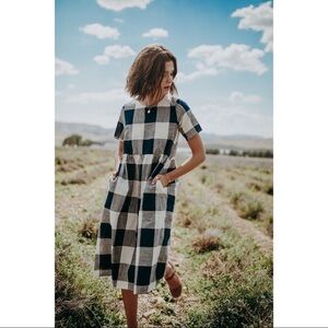Piper & Scoot Checked Midi Dress with Pockets - Navy & White